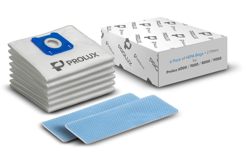 PROLUX 6 pack of HEPA bags and 2 post Filters for the Prolux 6000/7000/8000/9000 series upright vacuum cleaners - Image 1